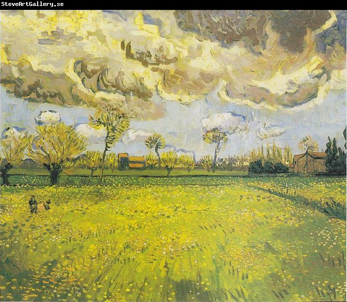 Vincent Van Gogh Meadow with flowers under a stormy sky